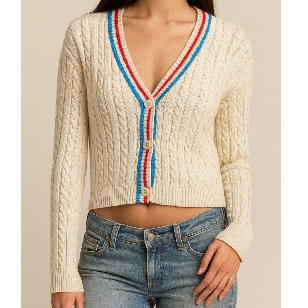 Prince Pickleball Cable Knit Cotton Cardigan‎ XL Cream Varsity Preppy Academia